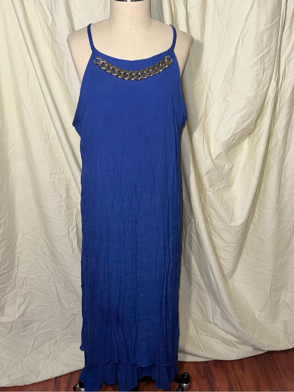 Mlle Gabrielle 2X Blue Maxi Dress Chain Neck Boho Resort Plus Size
